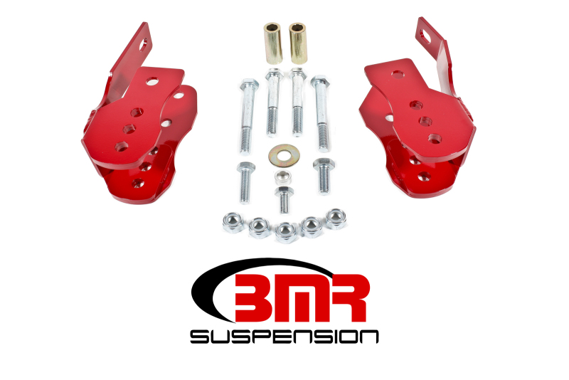 Ford Mustang Control Arm Relocation Brackets - BMR Suspension - Bolt-On - Red - `05-`14 Ford Mustang Control Arm Relocation Brackets - BMR Suspension - Bolt-On - Red - `05-`14